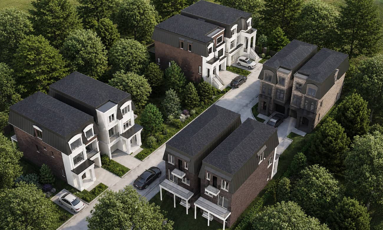 Aerial rendering of the King Oak Estates homes among the trees of Oak Ridges, with lot numbers.
