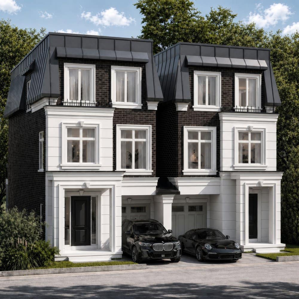 The Carlington, Elevation B, a pair of linked three-storey homes at King Oak Estates.