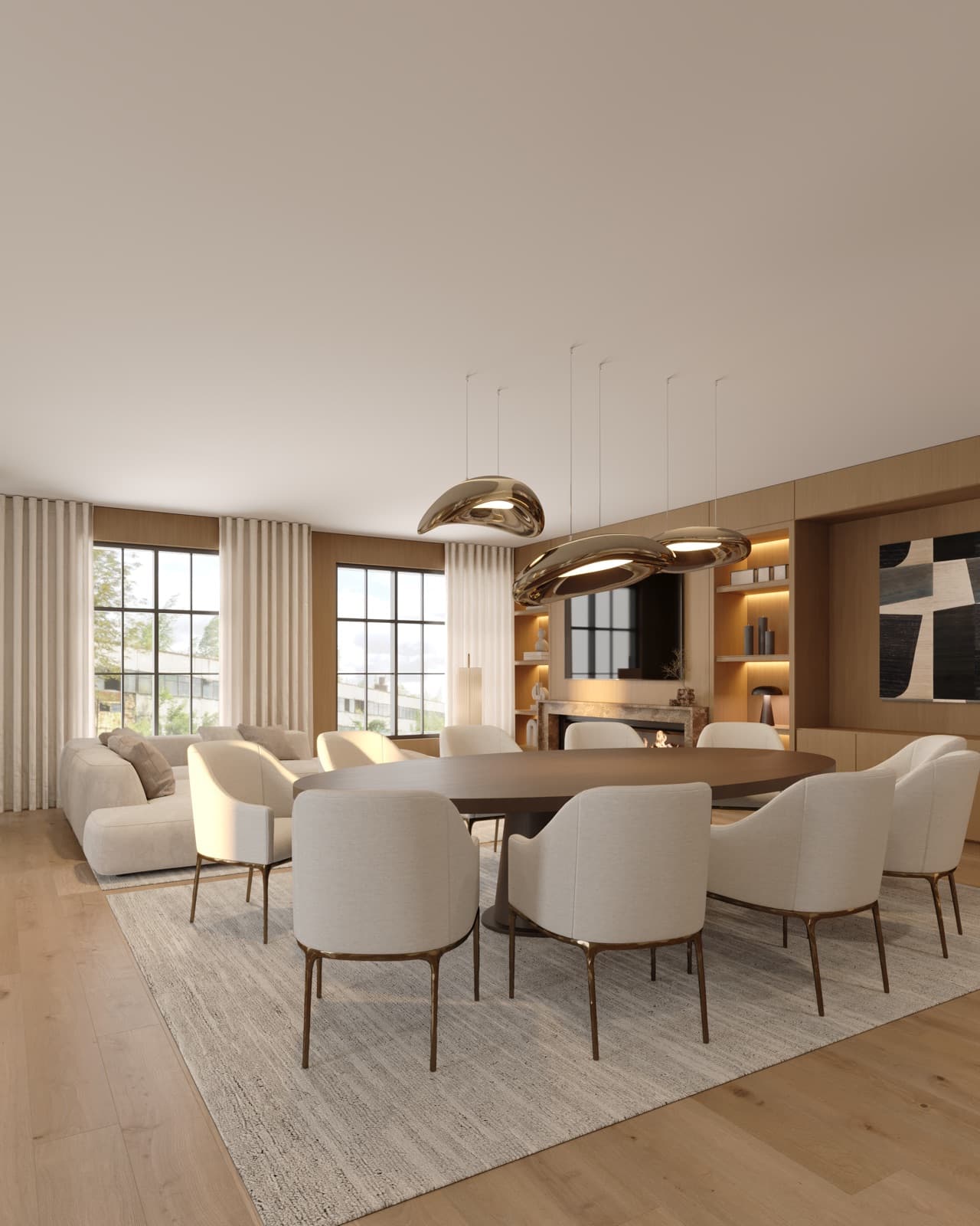Interior rendering of a King Oak Estates dining room: an oval table with bouclé chairs beneath sculptural brass pendants, framed by lit built-in millwork.