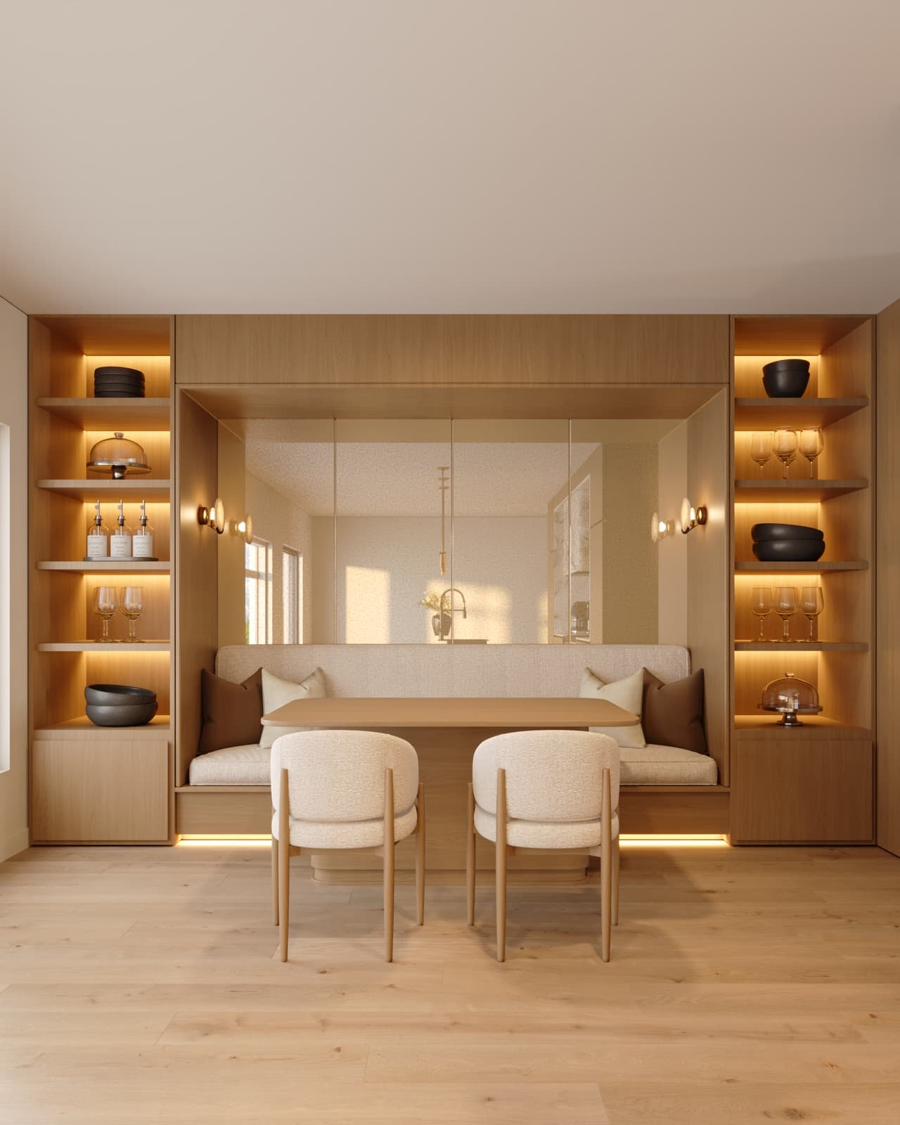 Interior rendering of a King Oak Estates kitchen with a stone island, marble backsplash, oak cabinetry, and a breakfast banquette beneath lit display shelving.