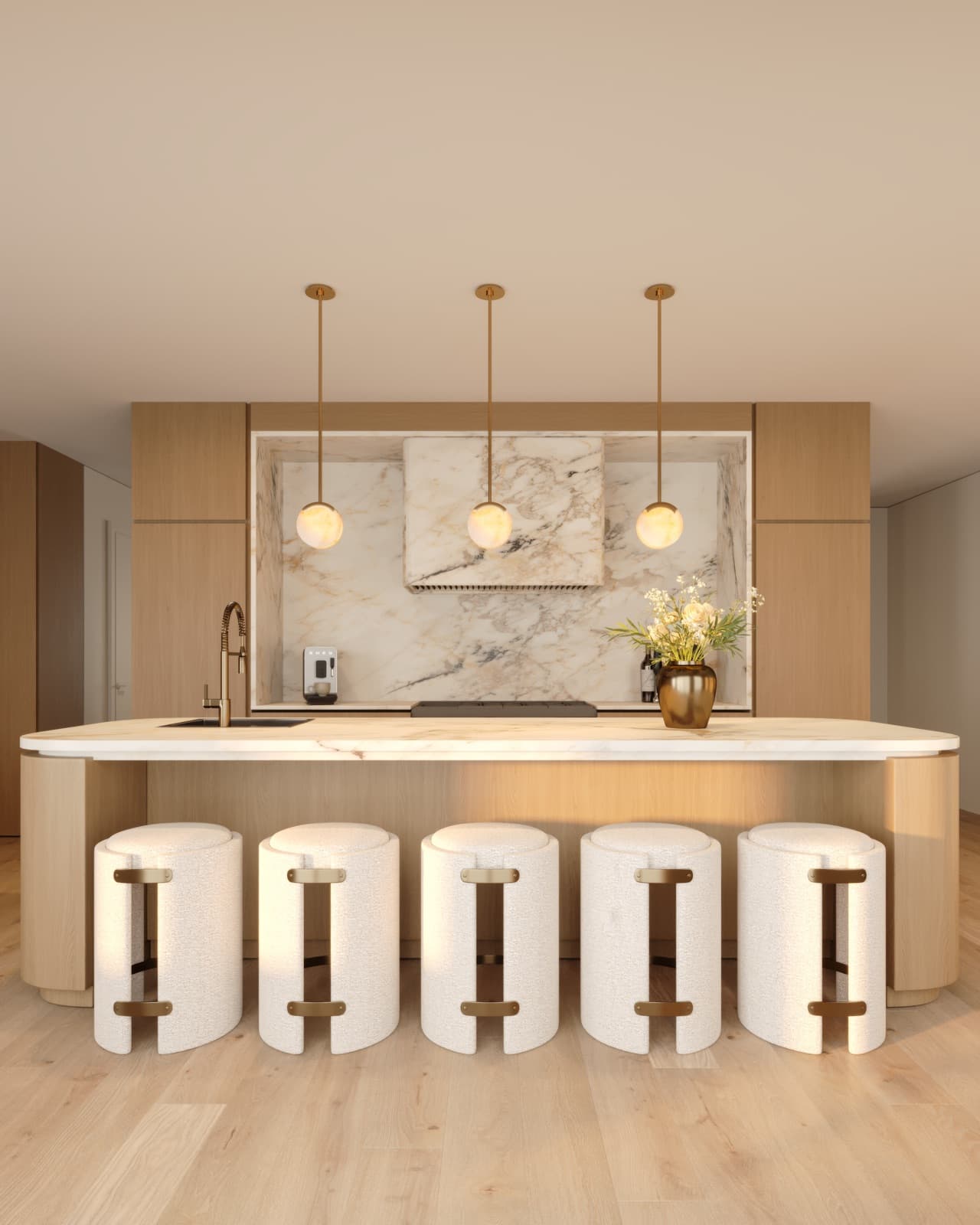 Interior rendering of a King Oak Estates kitchen: a waterfall stone island with bouclé stools, a Calacatta-marble backsplash and hood, oak cabinetry, and brass pendants.