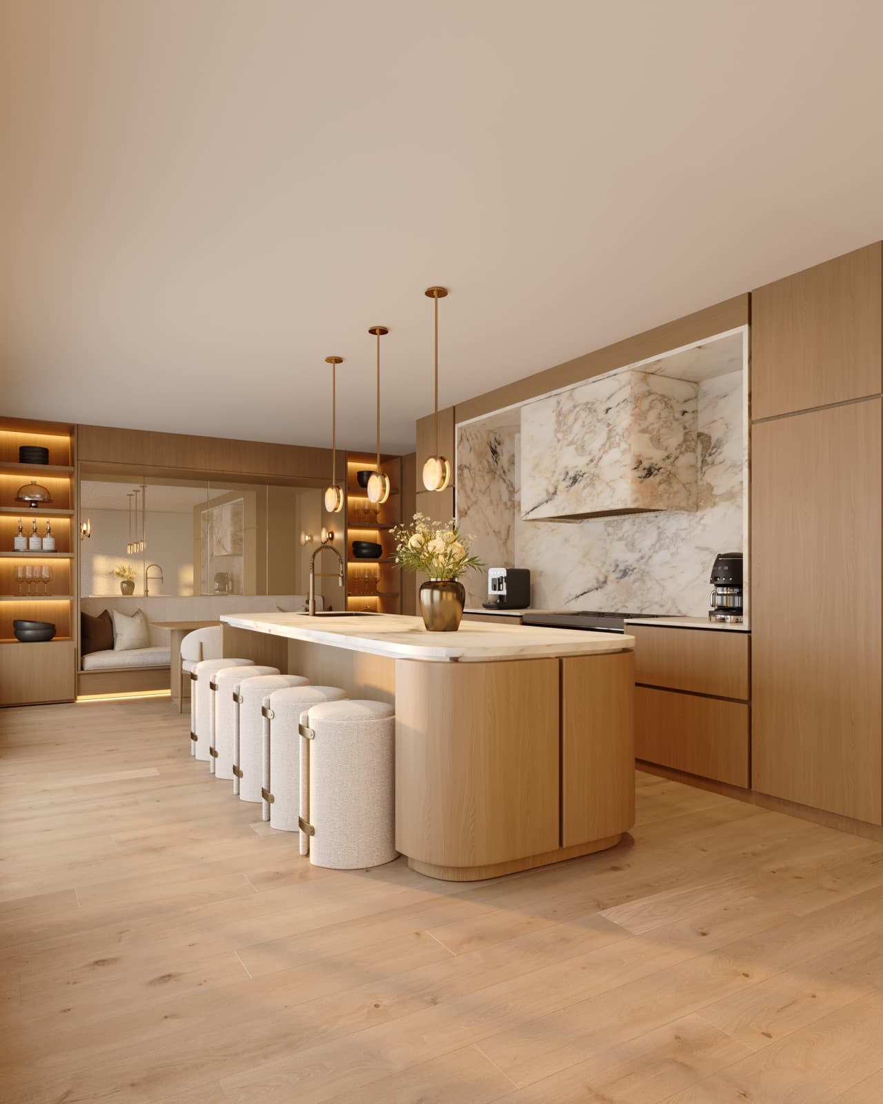 Interior rendering of a King Oak Estates kitchen with full-height oak cabinetry, a stone waterfall island, and integrated appliances.