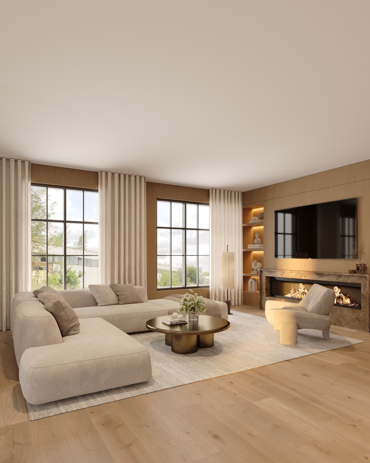 Interior rendering of a King Oak Estates living room: a sectional sofa, a linear marble fireplace with integrated oak shelving, and black-framed windows.