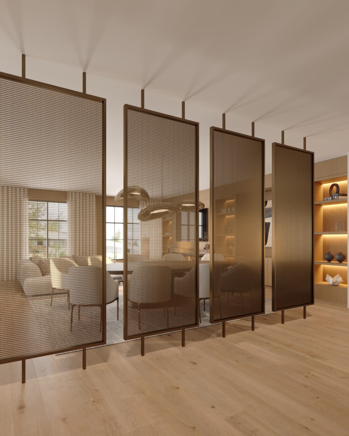 Interior rendering of a King Oak Estates open-plan living and dining room with 11-ft ceilings, oak floors, architectural wall paneling, and custom millwork.